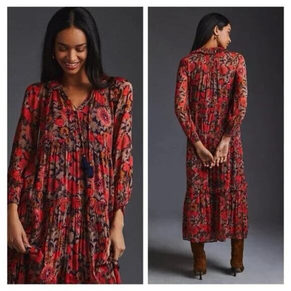 Anthropologie The Marais Printed Chiffon Maxi Dress XS Red Orange Blue - Picture 1 of 16